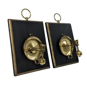 Vintage Dark Academia Black Wood Square and Solid Brass Candle Wall Sconces Pair